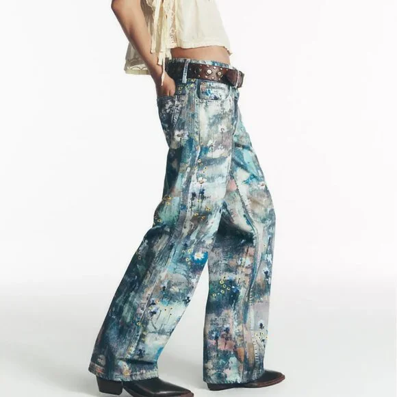 NWT Free People Tennessee Low-Rise Illusions Jeans in Floral Canvas - Picture 5 of 9